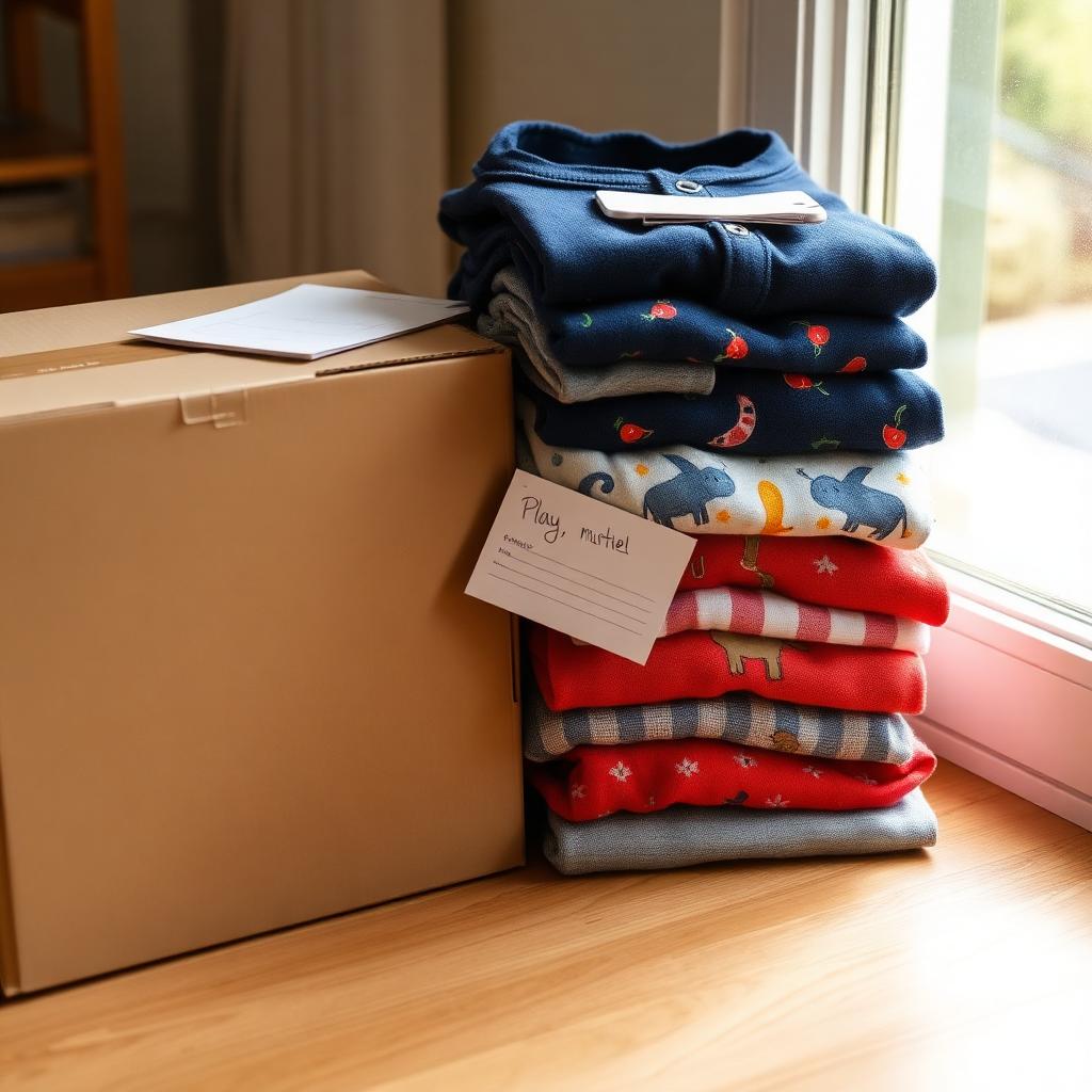 Folded baby clothes with a handwritten note