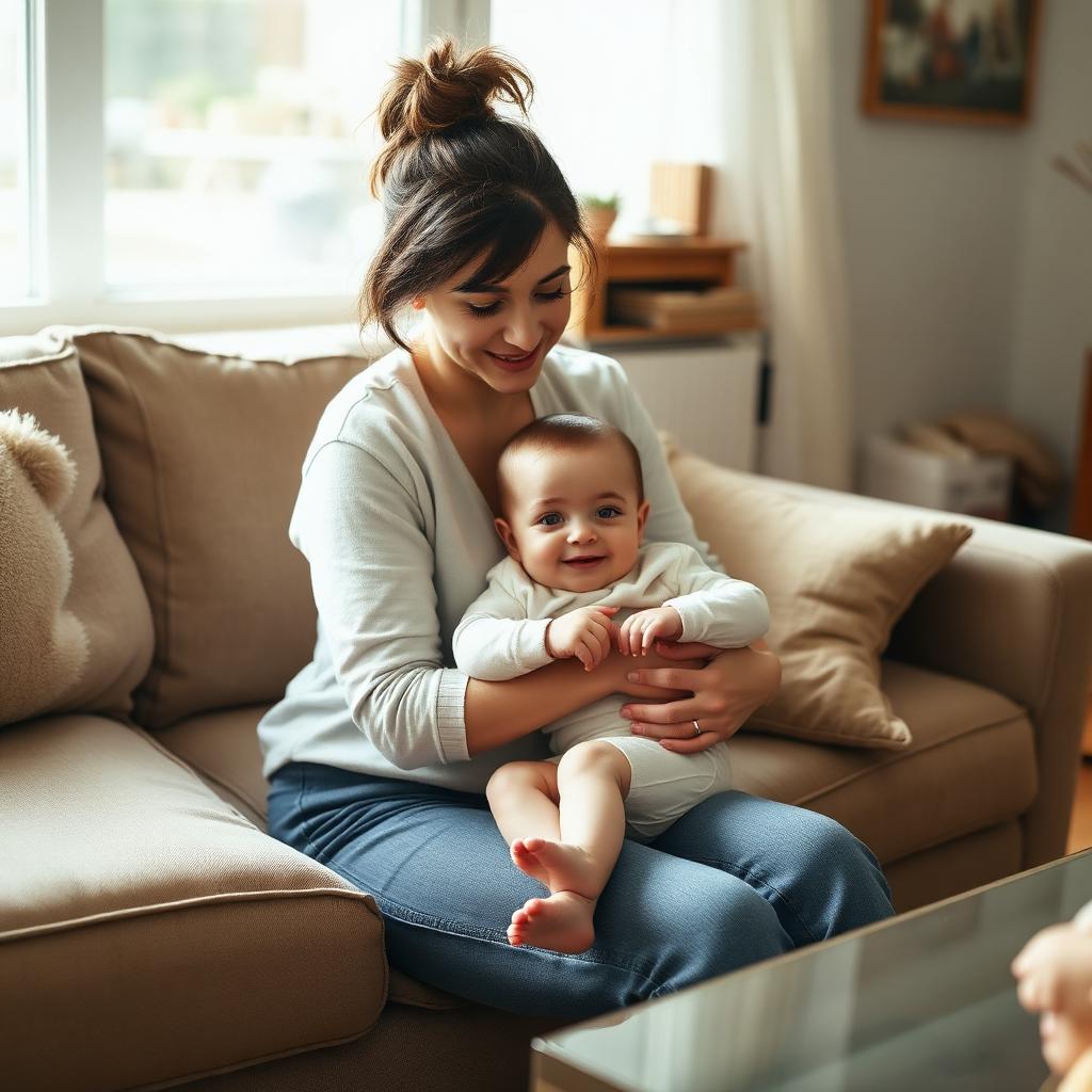 A mother holding her baby in a warm, sunlit home